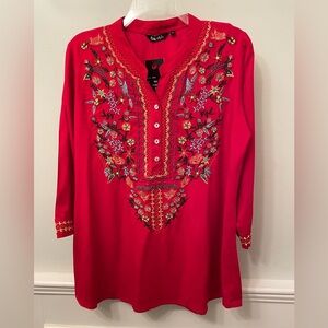NWT 64 Sixty Five Boho Red Pullover Embroidered Tunic Medium